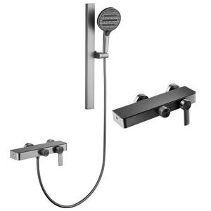 Ensemble de douche en laiton gris anthracite pour hôtels, avec fonction pluie et jet puissant, technologie de placage, forme rectangulaire, encastré mural - Product Image 3