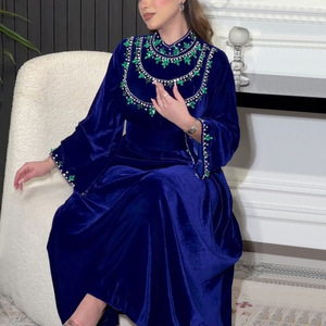 ÉMIRATS ARABES UNIS Américain Élégant Bleu couleur velours Vert diamant devant ethnique modeste pleine longueur <span class=keywords><strong>abaya</strong></span> musulmane - Product Image 2