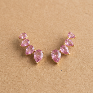 Climber Stud <b>Earrings</b> with Graduated Pear Lab Grown <b>Pink</b> <b>Sapphire</b> in 14KT Yellow Gold Fine Jewelry for wedding & party occasions - Product Image 1