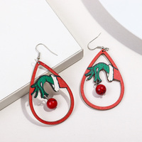 Boucles d'oreilles pendantes imprimées goutte d'eau creuse, motif dessin animé mains vertes et perles porte-bonheur rouges, cadeau de Noël, accessoire de mode pour les fêtes