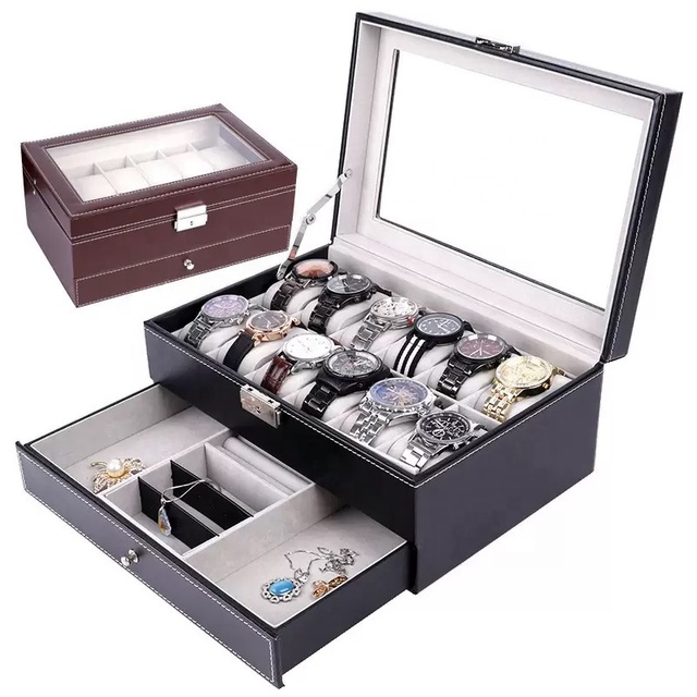 12 Slot Watch Box case Luxury Leather Men Watch Display Organizer Black Brown Double Layer Women Jewelry Wrist Storage Gift Box