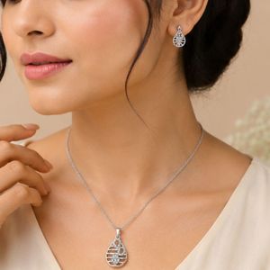 925 Silver Teardrop Pendant Necklace and Stud Earrings Set Cubic Zirconia Jewelry Gift for Women - Product Image 2