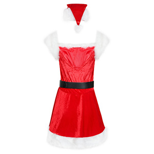 Sexy <b>Christmas</b> Costume <b>Dress</b> Women Red Velvet With White Fur Trim And <b>Black</b> Belt <b>For</b> Holiday Party Role Play - Product Image 3