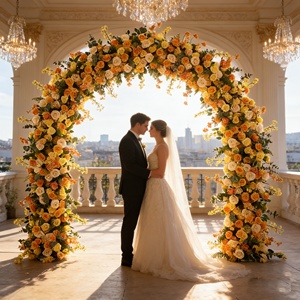 Arche <span class=keywords><strong>de</strong></span> fleurs artificielles jaunes et oranges pour décorations <span class=keywords><strong>de</strong></span> mariage, <span class=keywords><strong>de</strong></span> scène et <span class=keywords><strong>de</strong></span> fête - Product Image 1