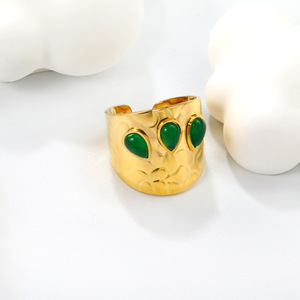 European Style <b>Gold</b> Plated <b>Ring</b> With Green Oval Stones Bezel <b>Set</b> Unisex Party Jewelry - Product Image 3