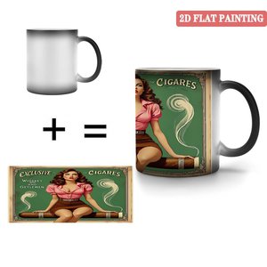 Mug en céramique noir givré de 11 oz, changeant de couleur à la chaleur, avec motif vintage de pin-up fumeuse de cigare, peinture plate 2D - Product Image 4