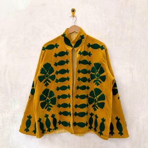 Luxury Artisan <b>Yellow</b> Velvet Embroidered Suzani Jacket with Green Floral Pattern Full Sleeve Stand Collar Handmade Winter <b>Coat</b> - Product Image 1