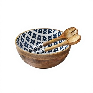 Handmade Eco-Friendly Wooden Salad <b>Bowl</b> with <b>Blue</b> White Pattern Classic Design Dishwasher Safe Durable for Party Food Serving - Product Image 3