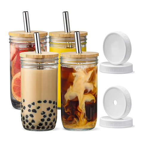 Wholesale 4 Pack Glass Cups Set 24oz Mason Jar Drinking Glasses Bamboo Lids Straws 2 Airtight Lids Cute Reusable Boba Bottle