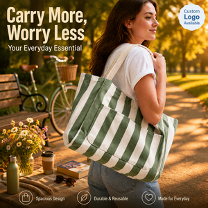Borse in tela a righe all'ingrosso, riutilizzabili, economiche, extra large, personalizzabili per la stampa, borse tote per la spesa, marca OLA OLA - Product Image 1