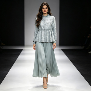 Ensemble prêt à expédier pour le Moyen-Orient : <span class=keywords><strong>Gilet</strong></span> court perlé robuste et jupe plissée, ensemble deux pièces style robe blazer, tenue d'été plissée - Product Image 1