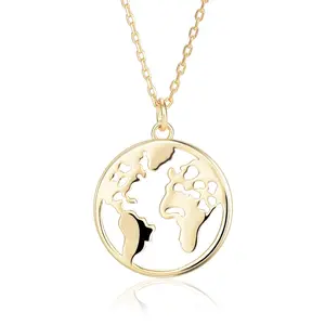 优质时尚饰品925纯银圆形吊坠世界地图项链女式饰品