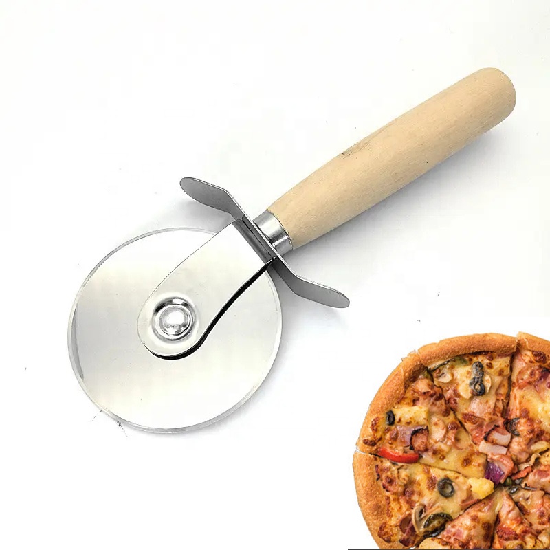 Taglierina per Pizza in acciaio inossidabile con ruota per utensili da cucina personalizzata di alta qualità all'ingrosso con manico in legno