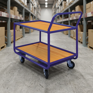 Chariot de transport pliable à double niveau en acier KY-515, verrouillable, à deux étagères, robuste, capacité 350 kg, quatre roues, finition OEM poudrée - Product Image 3