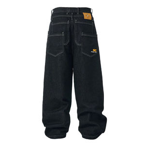 Pantalones Vaqueros de Mezclilla Cruda con Parches de Cuero Personalizados, Bolsillos Dobles, Estilo Retro, de Alta Calidad, para Hombre, Corte Holgado, Estilo Nave Stacked - Product Image 1