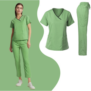 Women Scrub Suit Green V Neck Short Sleeve Top And Pants Set Moisture Wicking Hospital Uniform For Nurse Doctor Veterinary - Product Image 1