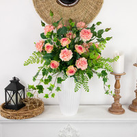 5 têtes Real Touch Fleurs artificielles Roses roses pour Arrangement de pulvérisations florales Pièce maîtresse Fleur Décoration de mariage Rose en soie