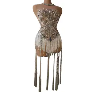 Stage Performance Wear Sexy Crystal Tassel Rompers Pole Dance Leotard See Through Women One Piece Jumpsuit Bodycon Bodysuit