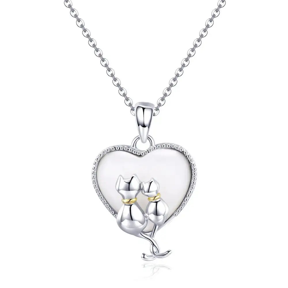 BAGREER SCN297 Big love heart shaped with sea shell double cat pendant 925 silver chain women custom girls necklace jewelry