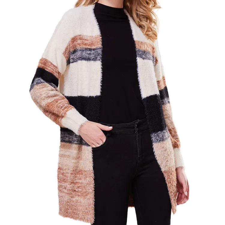 Customized Winter Knitted Striped Color Block Cardigan Ladies Long Knit Sweater Women's sweaters