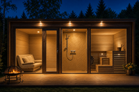 Suite de sauna extérieur avec salle de douche, salon de relaxation et terrasse en bois