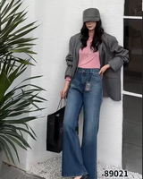 Celana Jeans Wanita Ukuran Besar Model Flare Biru Denim, Desain Anti Kusut, Pinggang Tinggi Elastis, Kancing, Logo Dapat Disesuaikan, Kasual Modis