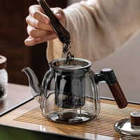 Théière en verre borosilicate de haute qualité avec poignée en bois, style chinois, transparente/gris fumé, pour thé, café, usage domestique, vente en gros