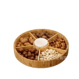 Bandeja giratoria de madera para refrigerios, redonda, con 6 compartimentos y tazón central para almacenar frutos secos y nueces, para uso doméstico. - Product Image 1