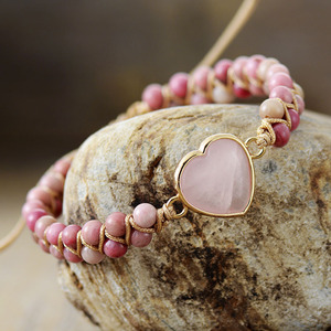 Heart-Shaped Double-Layer Rose Quartz Hand-Woven <b>Adjustable</b> <b>Bracelet</b> Gift Jewelry - Product Image 3