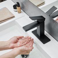 Robinet de lavabo noir mat à poignée unique, à poser sur le comptoir, avec siphon céramique escamotable, flexibles d'alimentation, design carré moderne, 2 trous