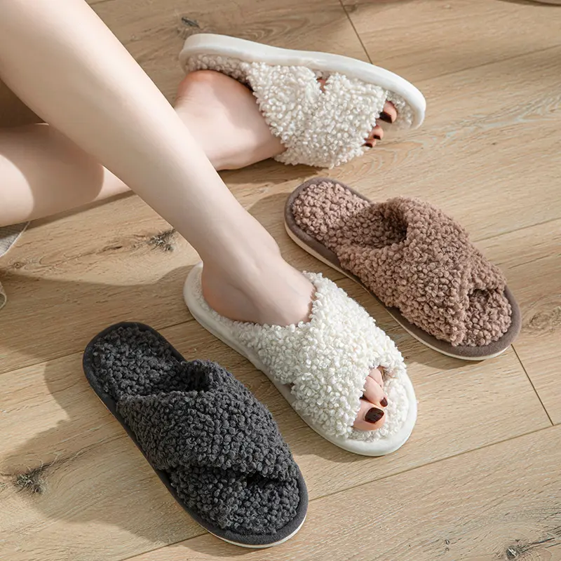 High Quality Wholesale Ready Stock Women Indoor House Slippers Plush Open Toe Wool Slippers