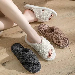 Alta calidad al por mayor listo Stock mujeres interior casa zapatillas felpa punta abierta lana zapatillas