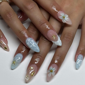 Lot de 24 <span class=keywords><strong>faux</strong></span> ongles 3D en forme de nœud floral, en ABS, avec pointe française blanche, couleur nude amande, à coller, <span class=keywords><strong>pour</strong></span> usage quotidien - Product Image 6