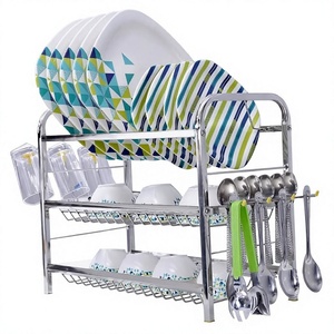 Égouttoir à vaisselle en métal à trois niveaux avec porte-gobelets et crochets à ustensiles pour le rangement de cuisine - Product Image 4
