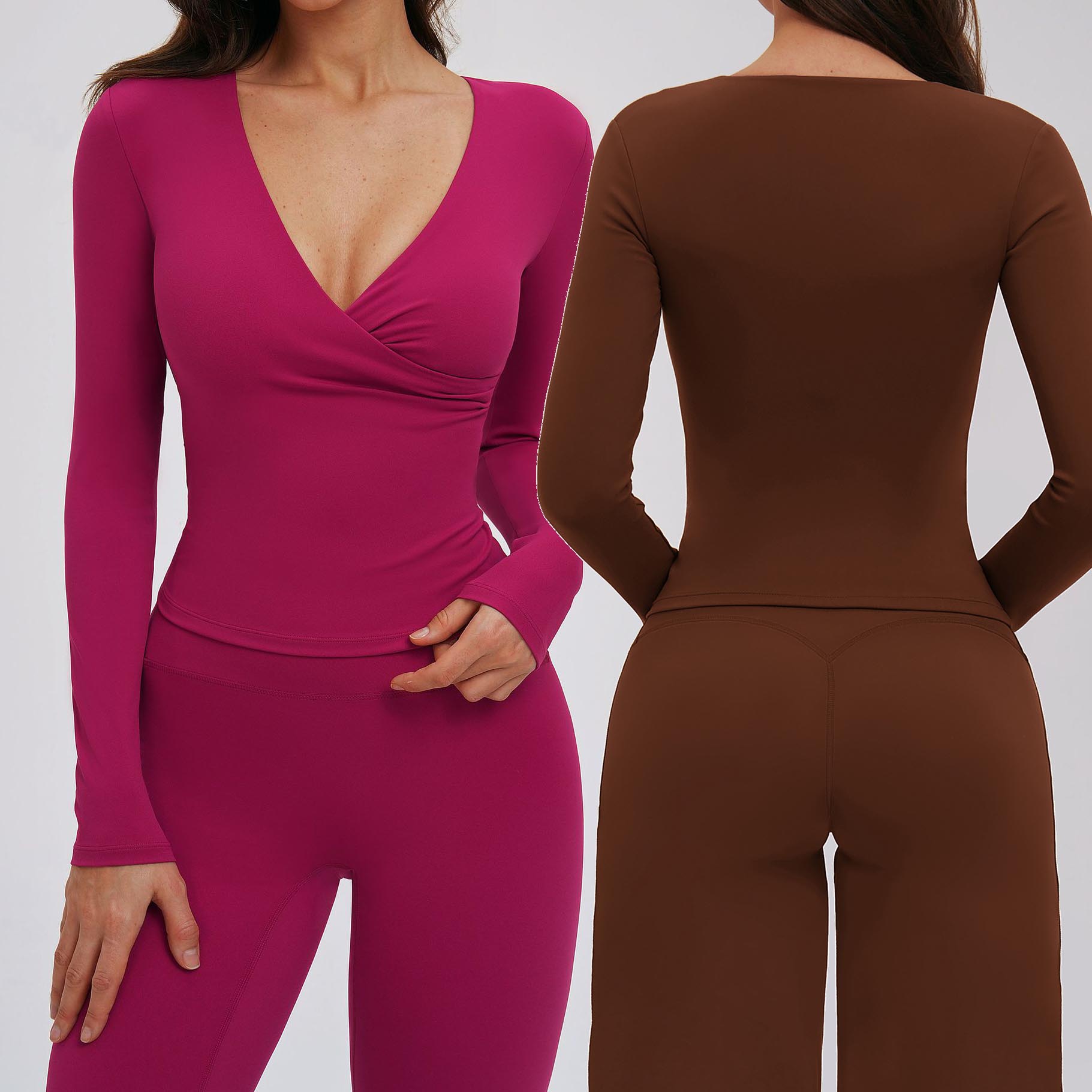 YIYI Highly Elastic Cross V Neck Running Yoga Jacket Women Long-Sleeve Workout Tops Quick Dry Slim Fit SportsJacket with Pads