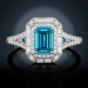 Anillo de Compromiso y Boda de Lujo con Topacio Azul Corte Esmeralda, Diamante Cultivado en Laboratorio, Oro 10K 14K 18K, Plata 925 935, Bañado en Rodio - Product Image 1