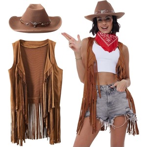2 Piezas Conjunto de <span class=keywords><strong>Disfraz</strong></span> de <span class=keywords><strong>Vaquera</strong></span> Vintage para Mujer, <span class=keywords><strong>Chaleco</strong></span> de Ante Sintético con Borlas y Remaches, Sombrero de <span class=keywords><strong>Vaquera</strong></span>, Ropa para Fiesta de Carnaval - Product Image 1