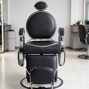 Fauteuil de barbier en cuir noir, hydraulique, inclinable, avec repose-pieds réglable et base ronde, pour salon de coiffure - Product Image 2