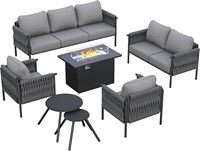 Ensemble de meubles de patio PRUNIA moderne 7 pièces avec table foyer en aluminium de 44 pouces, sièges profonds et coussins épaissis de 6 pouces (gris)