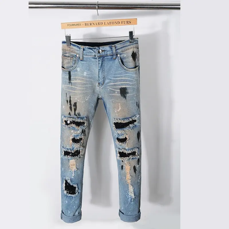 Mode Hip Hop Streetwear Skinny déchiré dommage pantalon Scratch en détresse Denim hommes Designer vêtements hommes Jean pantalon pour hommes