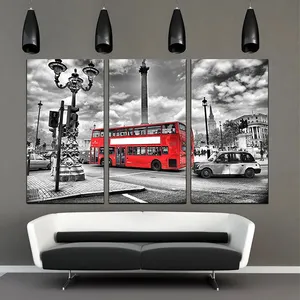 מודרני בית תפאורה 3 פנלי בד ציור פוסטר שחור ולבן אדום אוטובוס לונדון אנגליה קיר אמנות הדפסי