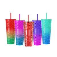 Herbruikbare Diamant Drinkbekers 710ml Diverse Kleuren Koffiemok Geperforeerde Dubbelwandige Plastic Tumbler Met Deksel en Rietje voor Volwassenen