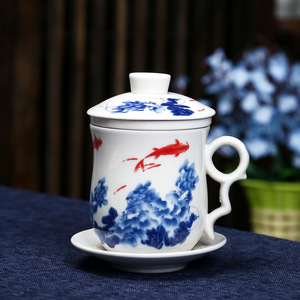 Tazza <span class=keywords><strong>da</strong></span> tè cinese Kung Fu dipinta a mano filtro in ceramica tazza <span class=keywords><strong>da</strong></span> tè blu e bianca in ceramica con coperchio 350ml - Product Image 1