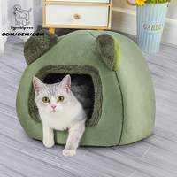 Lit pour chat en forme de grotte, en flanelle douce et chaude, avec coussin amovible, lit fermé confortable pour petits chats et chatons