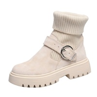 Bottines en daim tricotées pour femme, double usage, nouvelle collection automne 2023, style britannique, avec boucle de ceinture, talon moyen, chaudes et confortables