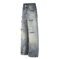 Celana Pria dan Wanita Gaya High Street Trendy Motif Leopard Patchwork Desain Distressed Jeans Streetwear Pria Model Longgar
