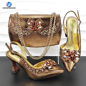 Bolso de tacón alto con diamantes de imitación a la moda para mujer, conjunto de bolso de zapato italiano de tacón de alta calidad, conjunto de bolso a juego para fiesta