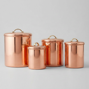 Juego de recipientes de cobre redondos con tapa, diseño minimalista pulido para almacenamiento en la cocina y uso como vajilla elegante. - Product Image 1