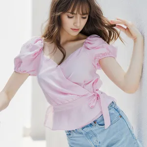 Custom Design Fashion Short Sleeve Casual Regular Blouse For Women Ruffled Wrap Bow Tie Knotted Top Blouse Shirt Summer