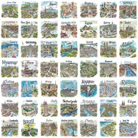 Paquete de 50 Pegatinas de PVC Impermeables con Mapas Turísticos Dibujados a Mano para Niños, para Laptop, Patineta, Maleta, Cuaderno, Taza, Botella de Agua
